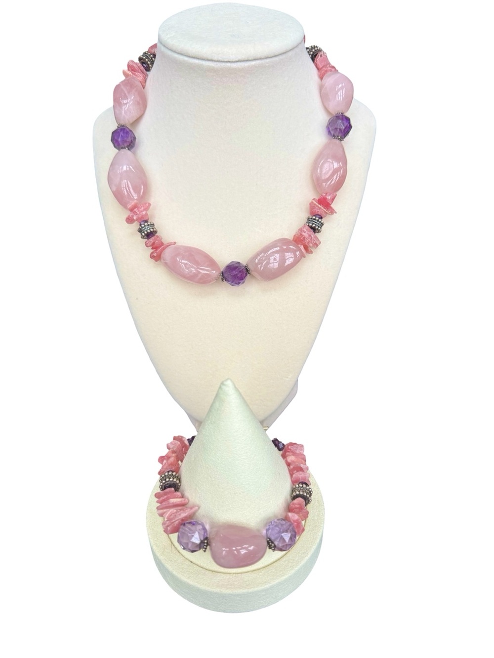 Hand Knotted Rose Quartz Gemstone Jewelry Set | 17” Necklace + 8” Bracelet✨